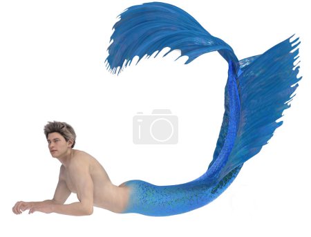 3D render: un personaje de criatura merman fantasía aislada con cola de pez azul está acostado en el suelo, camino de recorte incluido