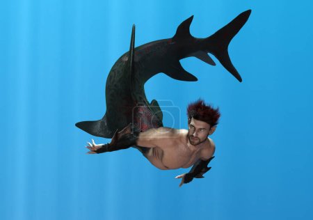 3D render: a fantasy merman creature character with shark tail is swimming under the deep blue sea