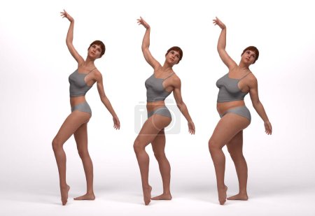 3D Render: Vista frontal del tipo de cuerpo femenino de pie ilustración: ectomorfo (tipo delgado), mesomorfo (tipo muscular), endomorfo (tipo de peso pesado)