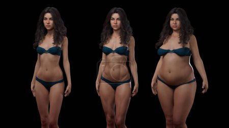 Téléchargez les photos : 3D Render : Vue de face du corps féminin debout illustration : ectomorphe (type maigre), mésomorphe (type musculaire), endomorphe (type lourd)) - en image libre de droit