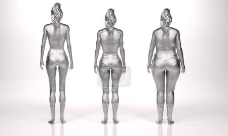 Photo for 3D Render : Back view of standing female body type illustration : ectomorph (skinny type), mesomorph (muscular type), endomorph(heavy weight type) - Royalty Free Image