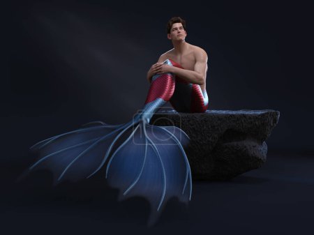 3D render: a fantasy merman creature character with koi fish tail is sitting on the rock with the studio background