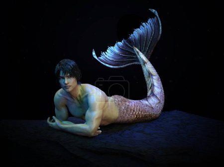 3D render: a fantasy merman creature character is lying on the rock  with dark background