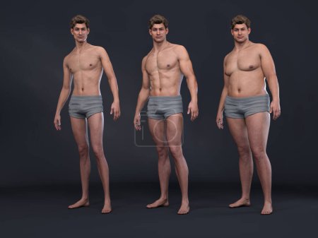 Téléchargez les photos : 3D Render : la diversité de la forme du corps masculin, y compris l'ectomorphe (type maigre), le mésomorphe (type musculaire), l'endomorphe (type lourd), vue de face - en image libre de droit