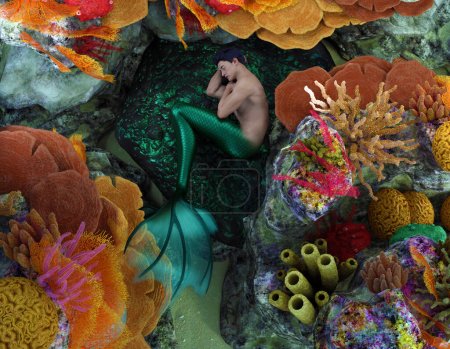 3D render: un personaje de criatura de sirena de fantasía está durmiendo en la roca entre los arrecifes de coral bajo el mar