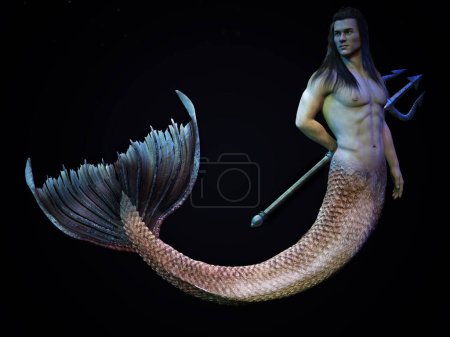 3D render: un personaje de criatura de sirena de fantasía, Tritón dios del mar concepto de diseño de personajes