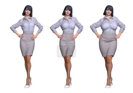 3D Render: Vorderseite des stehenden weiblichen Körpertyps Illustration: ektomorph (dünner Typ), mesomorph (muskulöser Typ), endomorph (schwerer Typ))