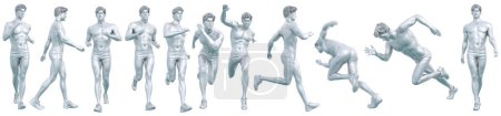 Photo for 3D Render : Portrait of running and walking male character with silver texture body isolated on white background, clipping path included for graphic resource - Royalty Free Image