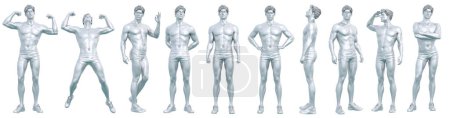 3D Render: Porträt eines männlichen Charakters mit silberner Metallstruktur, der mit verschiedenen Aktionen steht, Clipping-Pfad für grafische Ressourcen enthalten