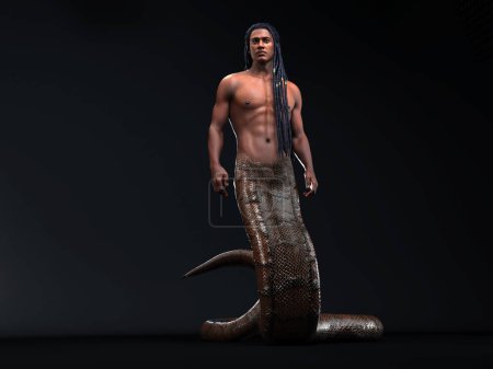 Téléchargez les photos : 3D Render : Une créature mâle hybride homme-serpent, moitié serpent moitié humain, fantaisie seigneur mâle naga personnage - en image libre de droit