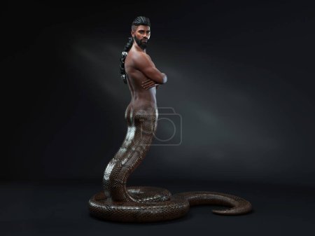 Téléchargez les photos : 3D Render : Une créature mâle hybride homme-serpent, moitié serpent moitié humain, fantaisie seigneur mâle naga personnage - en image libre de droit