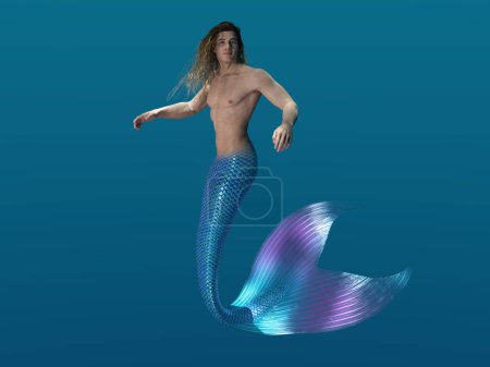 3D render: a merman creature character is swimming the deep blue sea