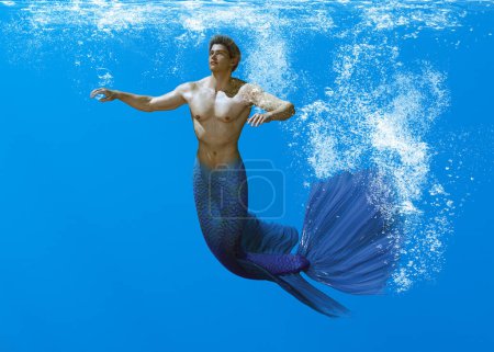 3D render: a merman creature character is swimming the deep blue sea with the air bubble around him