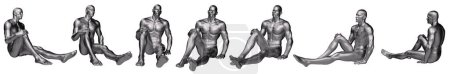 3D Render : Portrait d'argent, métal de fer texture personnage mannequin masculin est assis avec un angle de vue différent, chemin de coupe inclus