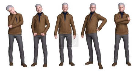 3D render: personaje masculino senior con diferente acción y expresión para recursos gráficos, ruta de recorte incluida