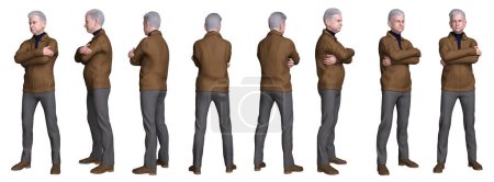 3D render: personaje masculino senior de pie con diferentes ángulos de retrato para recursos gráficos, ruta de recorte incluida
