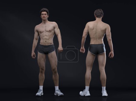 Photo for 3D Render : A shirtless healthy young man wearing short sport  pants and sneakers is standing with studio background - Royalty Free Image