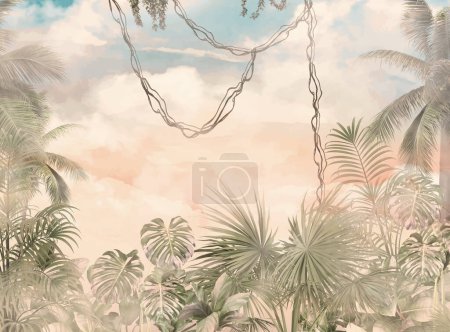Photo for Tropical wallpaper, Tropic trees and leaves, wallpaper design for digital printing- 3d illustration - Royalty Free Image