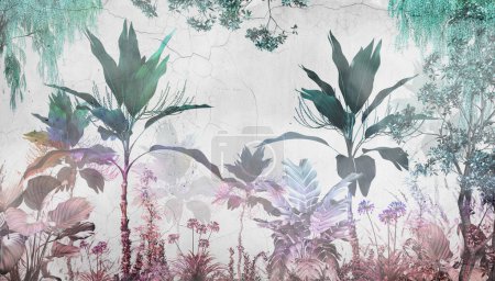 Foto de Árboles tropicales y hojas en el diseño de fondo de pantalla de bosque brumoso - Ilustración 3D - Imagen libre de derechos