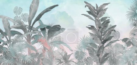 Papier peint tropical, arbres tropicaux et feuilles, conception de papier peint pour l'impression numérique- illustration 3D