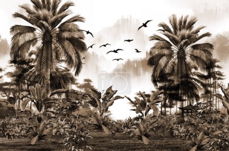 Tropische Tapeten, Tropische Bäume und Blätter, Tapetendesign für Digitaldruck - 3D-Illustration