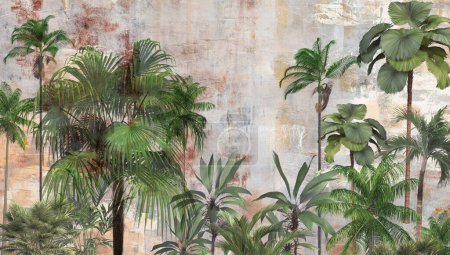Papier peint tropical, arbres tropicaux et feuilles, conception de papier peint pour l'impression numérique- illustration 3D