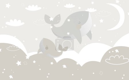 Téléchargez les photos : Motif sans couture avec baleine et lune, illustration vectorielle - en image libre de droit
