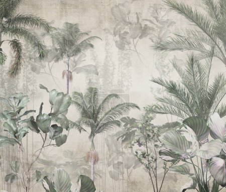 Papel pintado tropical, árboles tropicales y hojas, diseño de papel pintado para la impresión digital-3d ilustración