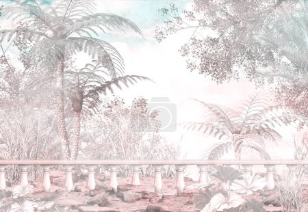 Foto de Fondo tropical abstracto con hojas de palma y flores. - Imagen libre de derechos