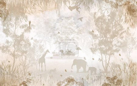 Téléchargez les photos : Illustration aquarelle d'un troupeau d'animaux dans un parc - en image libre de droit