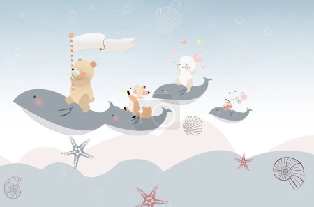 Foto de Animales lindos, diseño de papel pintado de habitación para niños, ilustración 3D - Imagen libre de derechos