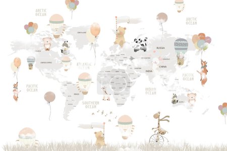 Photo for Educational world map wallpaper design for children's rooms - Royalty Free Image