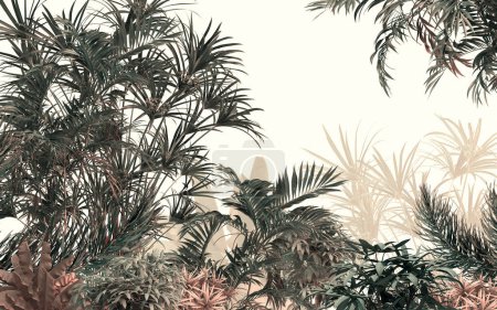Árboles tropicales y hojas de diseño de papel pintado, efecto pintura al óleo