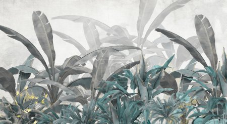 Téléchargez les photos : Arbres tropicaux et feuilles design papier peint, effet peinture à l'huile - en image libre de droit
