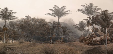 Téléchargez les photos : Fond d'écran paysage forêt tropicale design - Papier peint mural - Illustration 3D - en image libre de droit