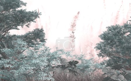 Téléchargez les photos : Fond d'écran paysage forêt tropicale design - Papier peint mural - Illustration 3D - en image libre de droit