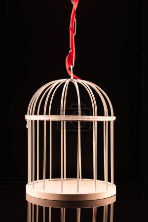 Foto de Jaula de pájaro blanco vacía sobre fondo negro con una cinta de satén rojo. - Imagen libre de derechos