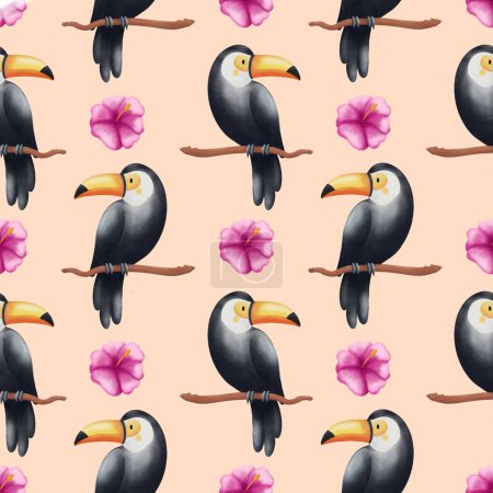 Photo for Seamless pattern with cute  toucan and flowers. Illustration for kids clothes and room decoration, textile - Royalty Free Image