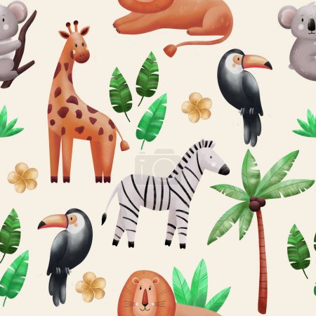 Photo for Seamless pattern with cute wild animals. Animals in the jungle. Giraffe, zebra, koala, lion,  toucan and leaves. Illustration for textile, fabric, clothes and room decoration - Royalty Free Image