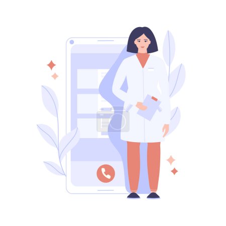 Foto de Online healthcare and medical concept. Phone consultation with a doctor. Emergency assistance at any time using a special mobile application. Vector illustration. - Imagen libre de derechos
