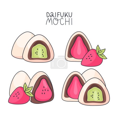 Set of sweet mochi daifuku. Japanese traditional sweet. Japanese asian sweets. Healthy eating, cooking, menu, banner, sweet food, dessert concept. Draw in doodle style, vector illustration.