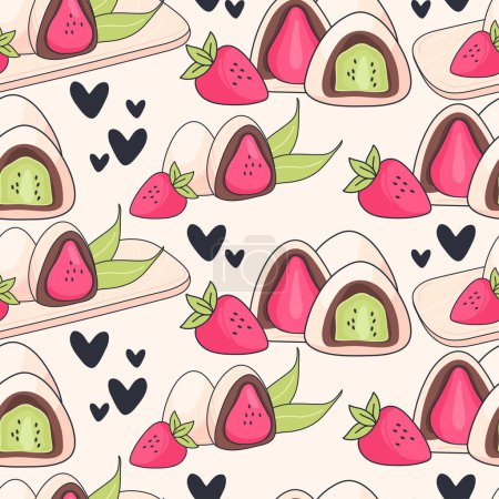 Illustration for Seamless pattern with japanese mochi. Japanese asian dessert. Vector illustration in doodle style - Royalty Free Image