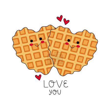 Téléchargez les illustrations : Belgian waffles heart shape. Happy lovers waffles together - Love you. Vector illustration. - en licence libre de droit