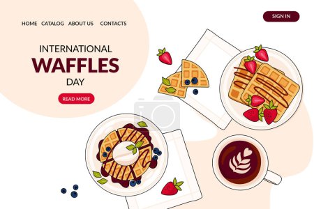 Ilustración de Web Page with Belgian waffles. International waffle day. Breakfast, fastfood. Banner, website, advertising, menu. Vector illustration in doodle style - Imagen libre de derechos