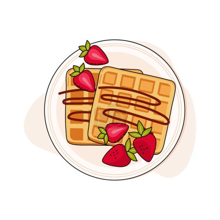 Ilustración de Belgian waffles vector illustration. Healthy eating, cooking, breakfast menu, dessert, recipes. Perfect for banner, website, poster, menu. - Imagen libre de derechos