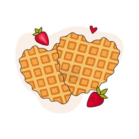 Ilustración de Belgian waffles, heart shape. Vector illustration. Healthy eating, cooking, breakfast menu, dessert, recipes. Perfect for banner, website, poster, menu. - Imagen libre de derechos