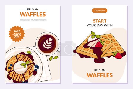Téléchargez les illustrations : Set of posters with colorful Belgian waffles. Different waffles on a brigth background. Special offer. Vector illustration in doodle style. Banner, promo, advertising, card, cover, poster. - en licence libre de droit