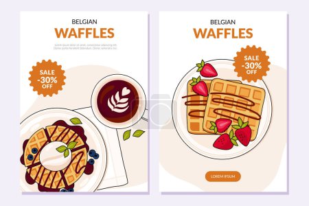 Illustration for Set of posters with colorful Belgian waffles. Different waffles on a brigth background. Special offer. Vector illustration in doodle style. Banner, promo, advertising, card, cover, poster. - Royalty Free Image