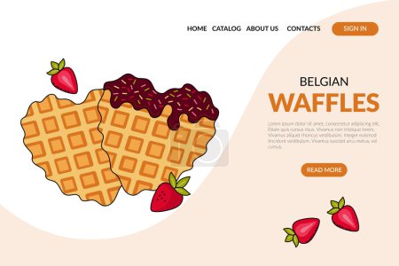 Ilustración de Web Page with Belgian waffles. Traditional dessert. Breakfast, fastfood. Banner, website, advertising, menu. Vector illustration in doodle style - Imagen libre de derechos