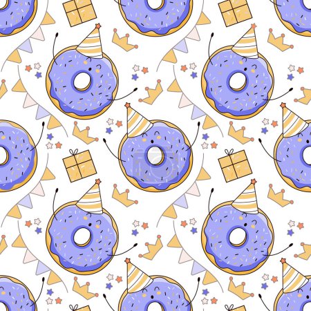 Illustration for Colorful seamless pattern of celebration, party. Cute bright donuts, gifts, flags. Vector celebration background. Perfect for wrapping paper, scrapbooking, textile prints, wallpaper - Royalty Free Image